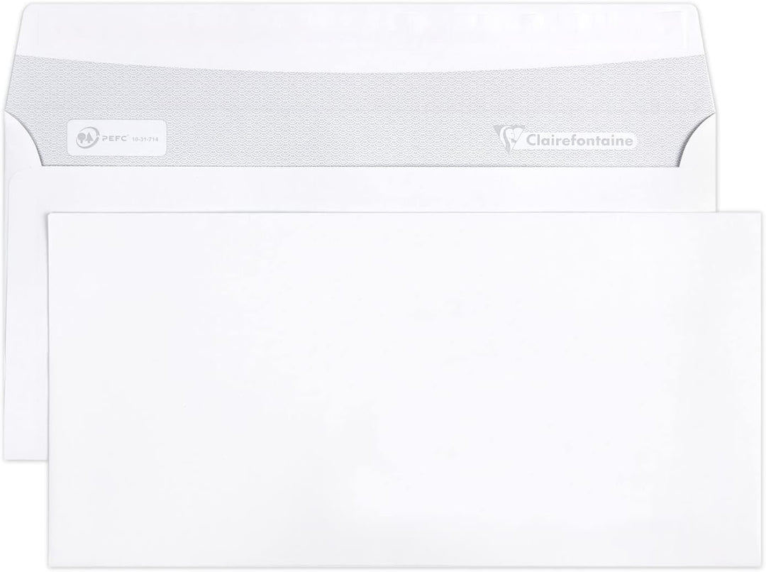 Clairefontaine 6915C - Karton mit 500 Umschlägen DL- 110x220mm, selbstklebend, 90g, Weiss, 1 Karton