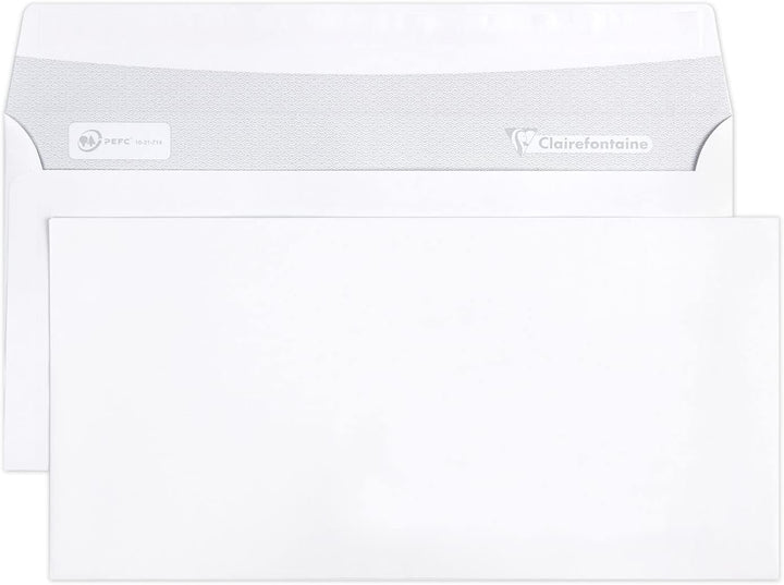 Clairefontaine 6915C - Karton mit 500 Umschlägen DL- 110x220mm, selbstklebend, 90g, Weiss, 1 Karton