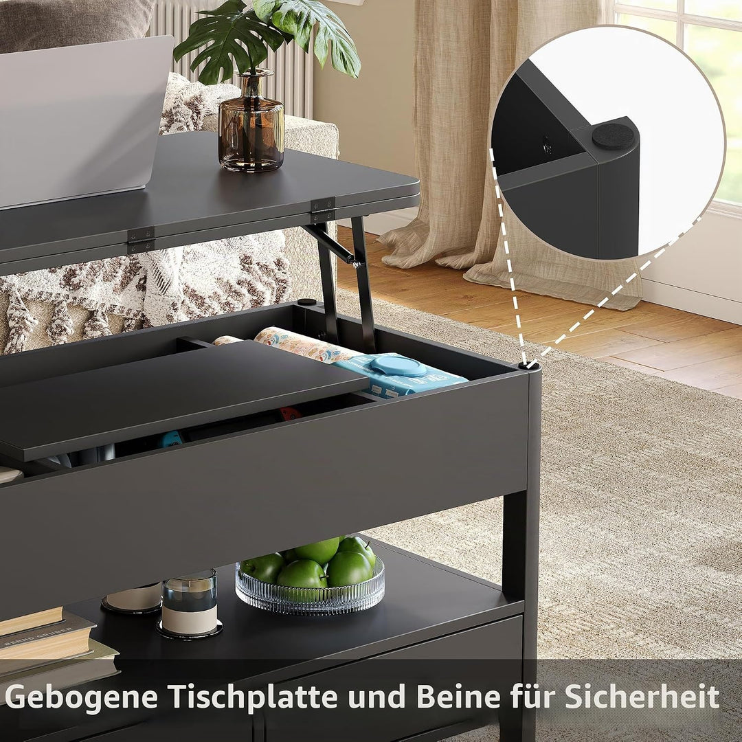 Furnihold Höhenverstellbarer Couchtisch mit Schubladen und Geheimfach, Konvertierbarer Wohnzimmertis