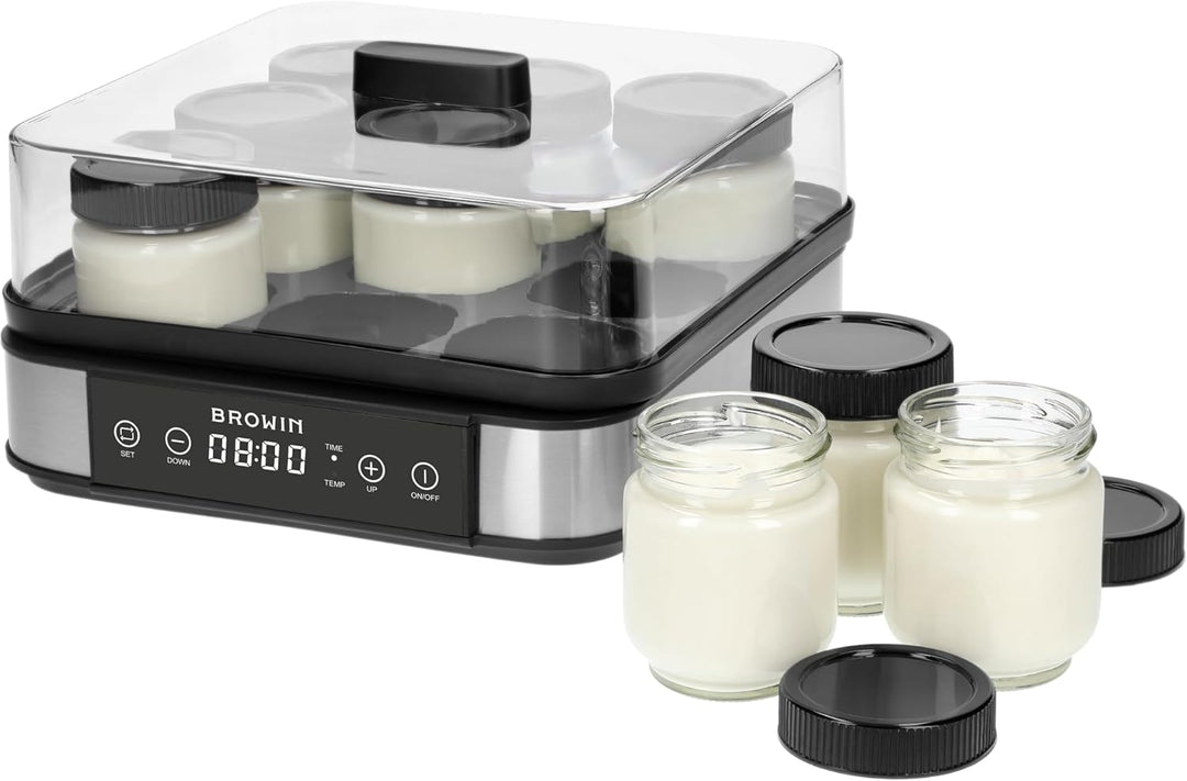 BROWIN® Joghurt-Maker mit Thermostat, Joghurtbereiter mit 1,6 l Fassungsvermögen, 9 Gläser, Weiss |