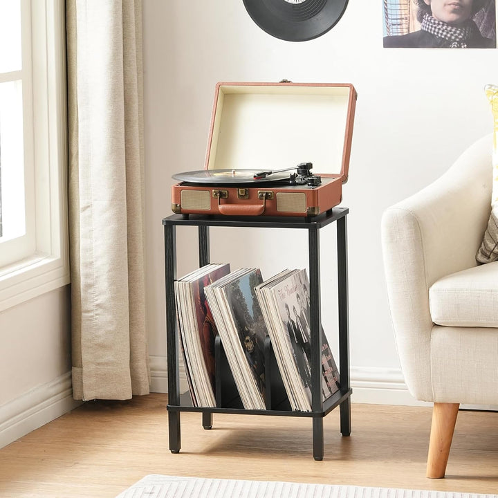 HOOBRO Plattenspieler Ständer, 2 Ebenen Schallplatten Regal, Beistelltisch, Plattenregal mit Trennwä