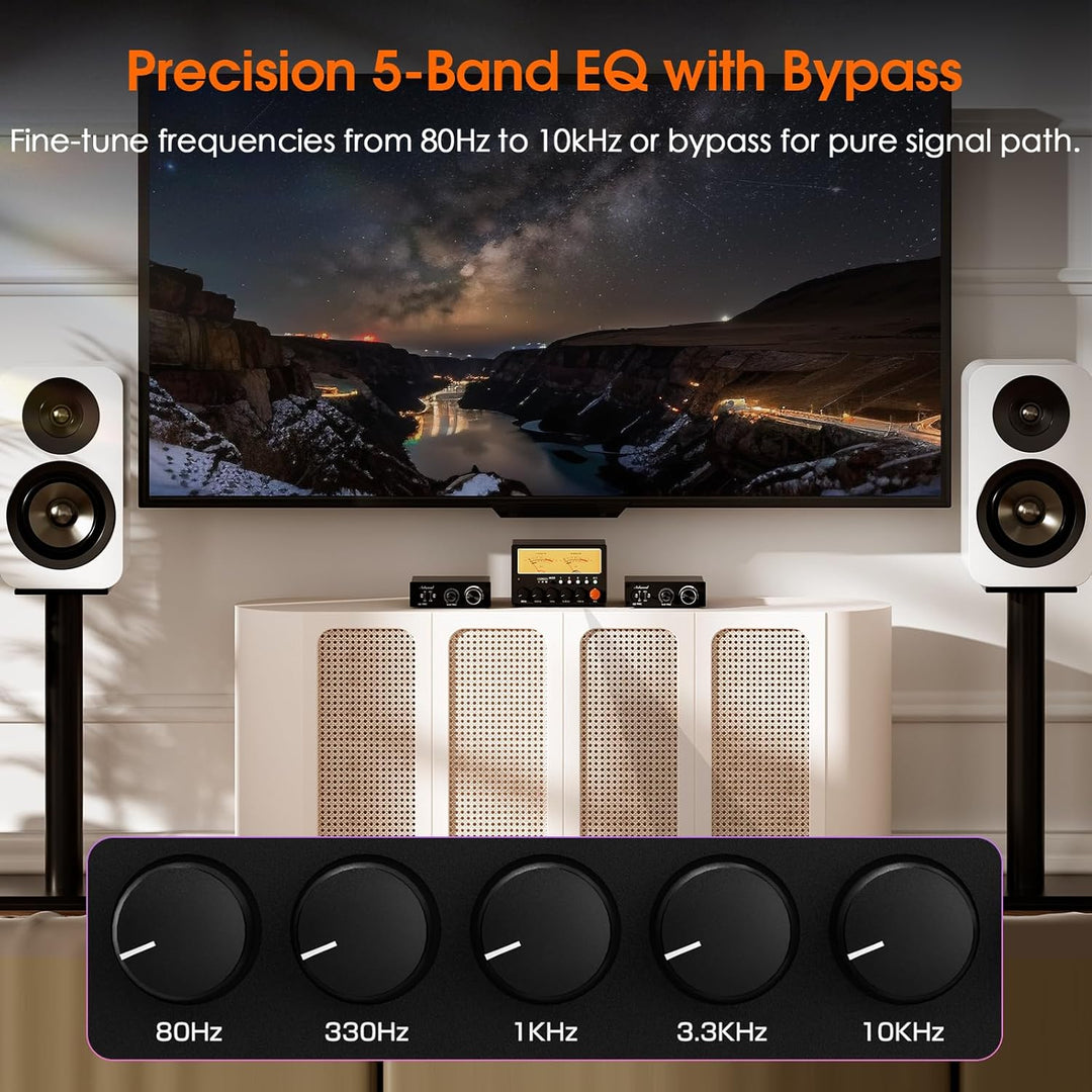 Nobsound D5 4-Wege Audioschalter: 5-Band HiFi Stereo EQ Vorverstärker und Cinch Splitter mit VU-Mete