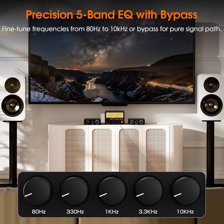Nobsound D5 4-Wege Audioschalter: 5-Band HiFi Stereo EQ Vorverstärker und Cinch Splitter mit VU-Mete
