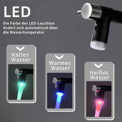 TIMACO LED Gebürstetes Nickel und Schwarz Wasserhahn Küche mit Schloss Brause Ausziehbar - 360° Schw