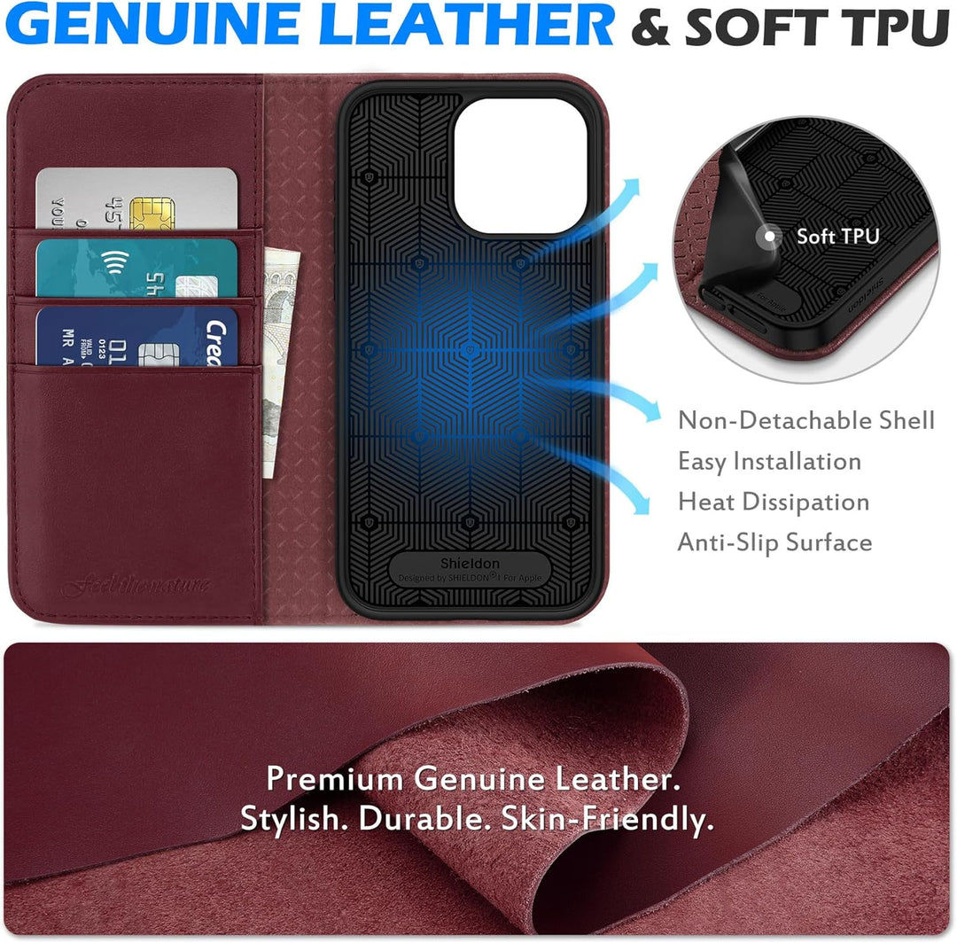 SHIELDON Hülle für iPhone 15 Pro Max, Handyhülle [Kartenfächer] [Echtes Rindsleder] [Standfunktion]