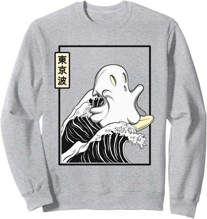 Happy Kawaii Ghost Surfen Kanagawa Wave Japan Ästhetik Sweatshirt