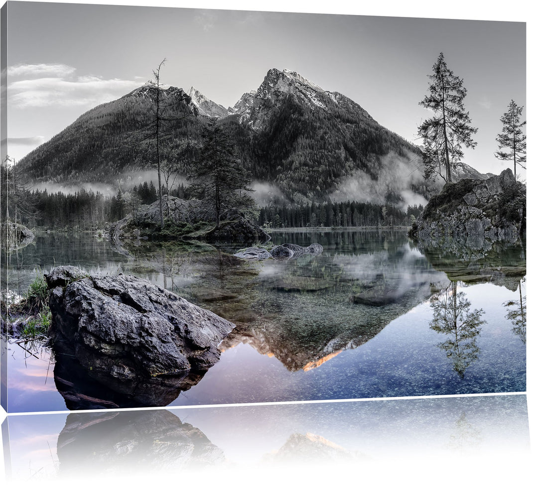 Pixxprint Sonnenaufgang am Hintersee / 100x70cm Leinwandbild bespannt auf Holzrahmen/Wandbild Kunstd
