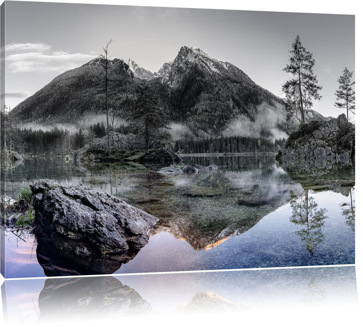 Pixxprint Sonnenaufgang am Hintersee / 100x70cm Leinwandbild bespannt auf Holzrahmen/Wandbild Kunstd