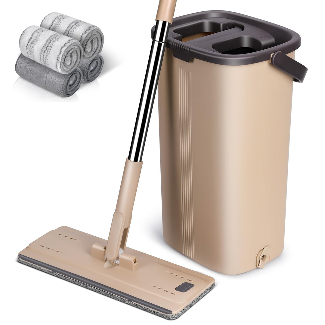 MASTERTOP Flach Mopp mit Eimer und 6 Mikrofaser Moppkopf, Hand-Frei Wischmop & Bodenwischer mit ausw