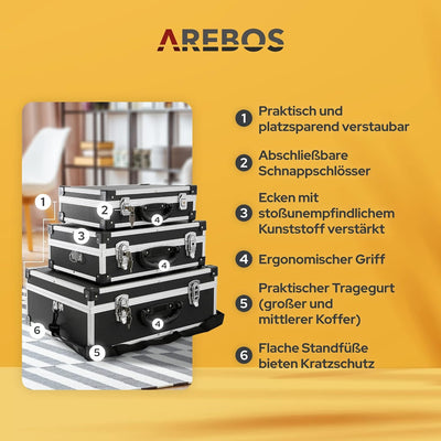 Arebos 3er Set Transportkoffer | 50 L Gesamtvolumen | abschliessbar | mit Tragegurt und Schloss | un
