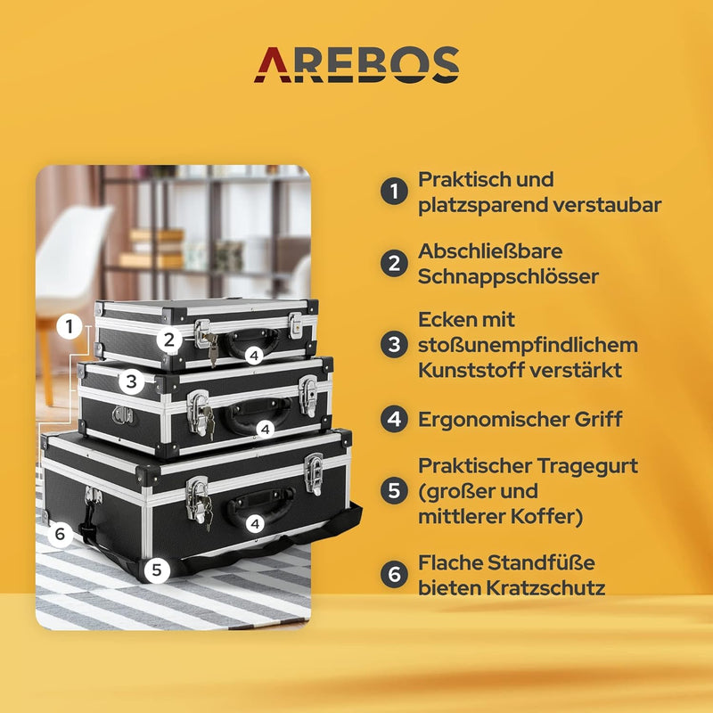 Arebos 3er Set Transportkoffer | 50 L Gesamtvolumen | abschliessbar | mit Tragegurt und Schloss | un
