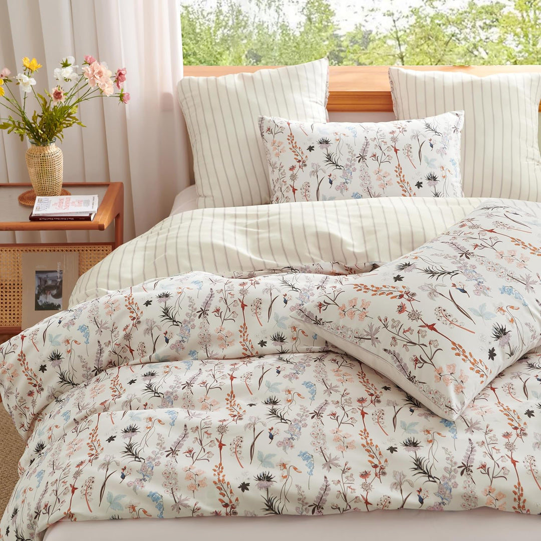 Freyamy Blumen Bettwäsche 135x200 2tlg, Aesthetic Botanisches Wende Bettwäsche-Set aus Gewaschener M