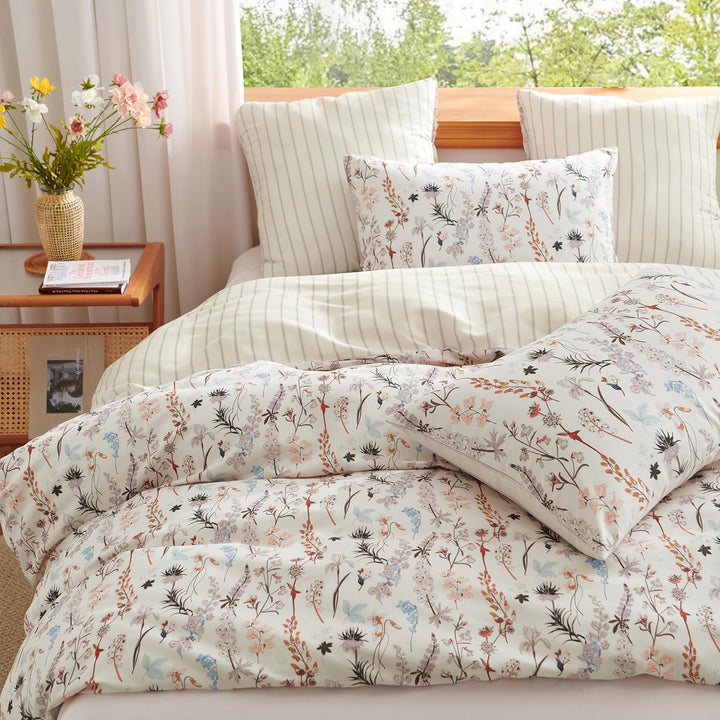 Freyamy Blumen Bettwäsche 135x200 2tlg, Aesthetic Botanisches Wende Bettwäsche-Set aus Gewaschener M