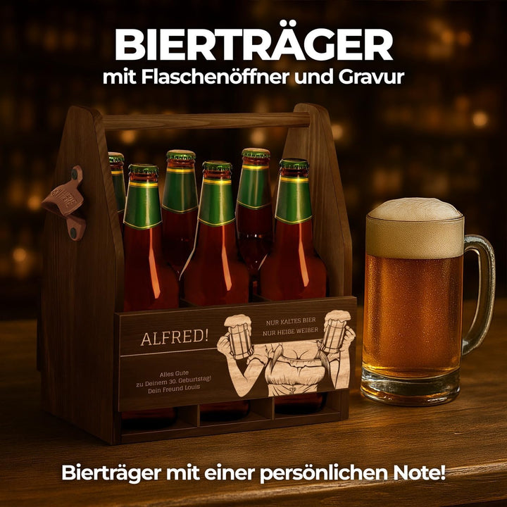 Murrano Bierträger für 6 Flaschen 0,5L mit Gravur - Männerhandtasche mit Flaschenöffner - Grösse: 25