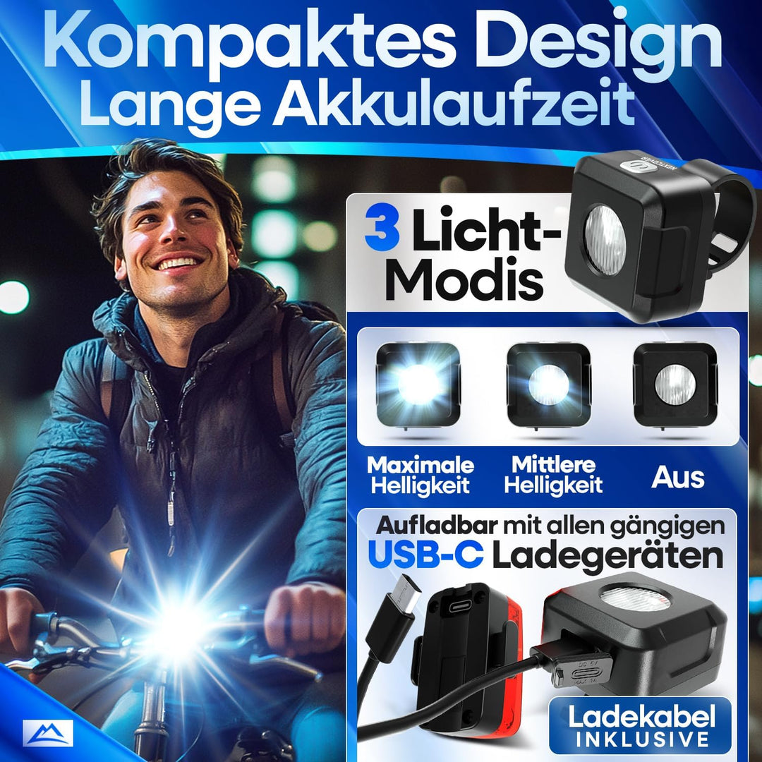 NEXTCOVER® Fahrradlicht Set mit [VisionOne] I LED Set USB-C aufladbar & wasserdicht I StVZO zugelass