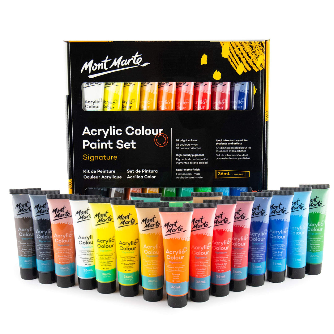 Mont Marte Acrylfarben Set Premium – 18 x 36ml – Ideal für Acrylmalerei – Brillante Lichtechte Farbe