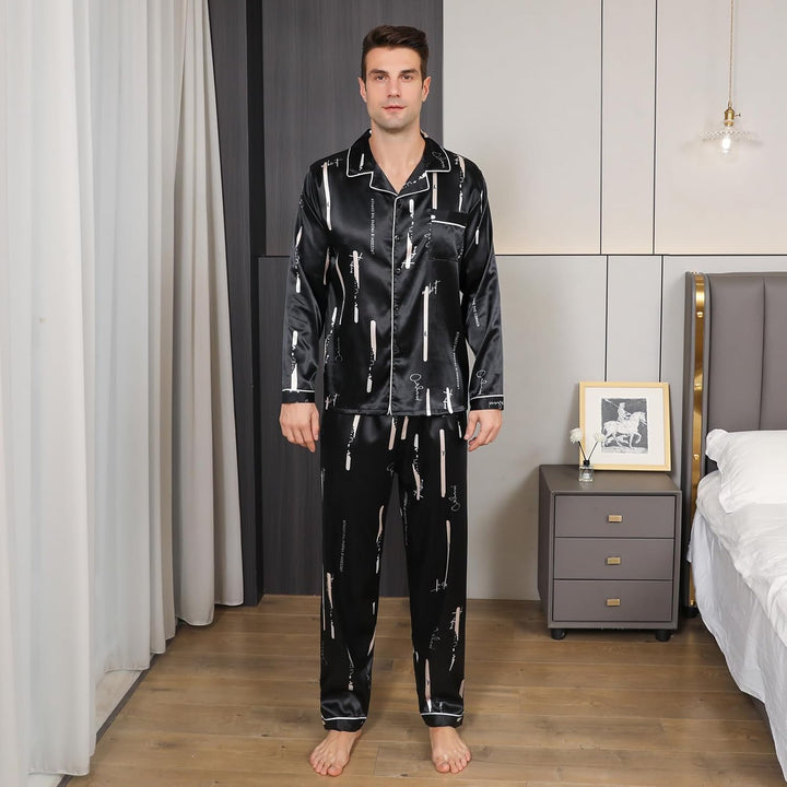 RuanMM Herren-Pyjama-Set aus seidigem Satin mit schwarzem Muster, Nachtwäsche mit Langen Ärmeln und