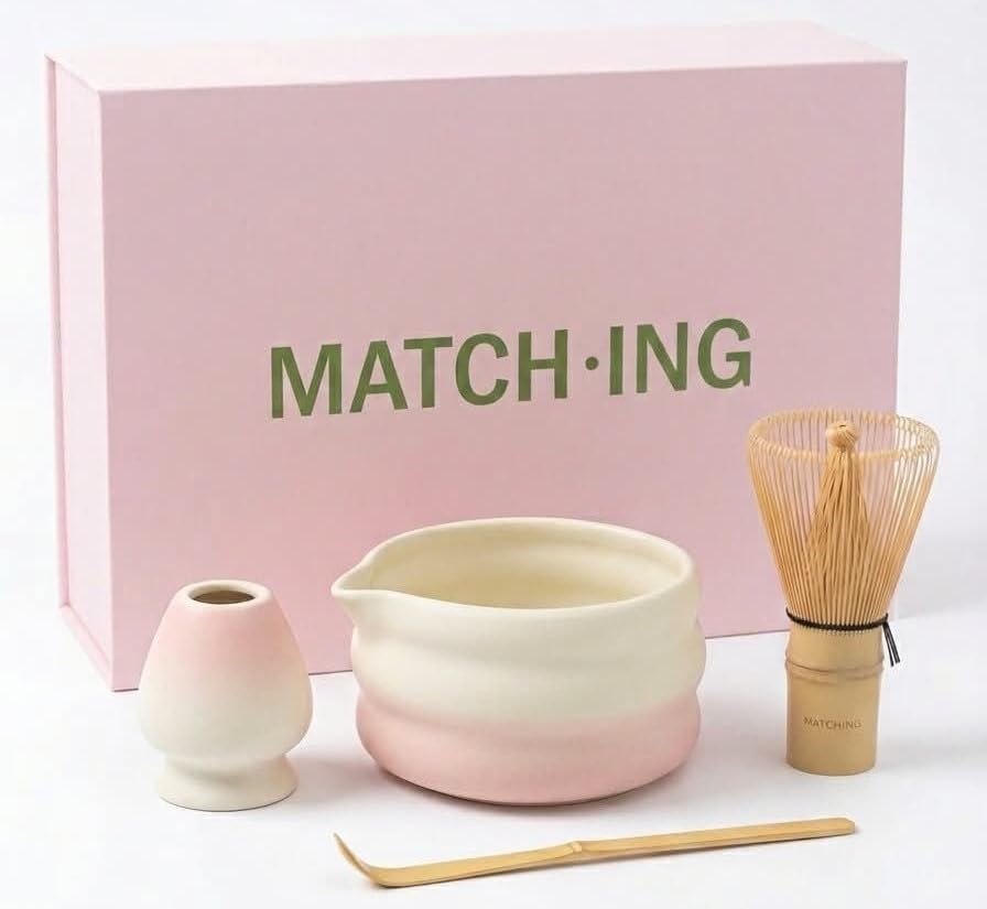 Matcha Set 4-teilig – Keramik Matcha Schale, Bambus Matcha Besen (Chasen), Besenhalter & Löffel – Ja