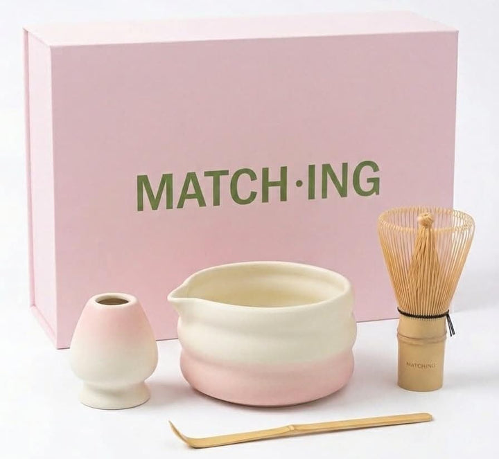 Matcha Set 4-teilig – Keramik Matcha Schale, Bambus Matcha Besen (Chasen), Besenhalter & Löffel – Ja