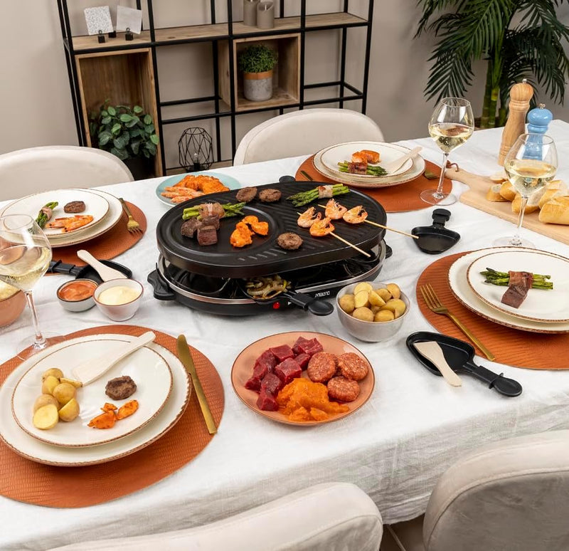 Tristar Raclette für bis zu acht Personen – Grillplatte mit Crêpe-Forme und 8 Pfännchen, RA-2996