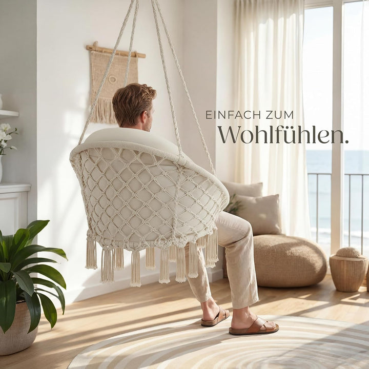 tectake® Hängesessel, Hängeschaukel mit dicken Kissen & Quasten, Boho Hängekorb Ø 80 cm, Hängesessel