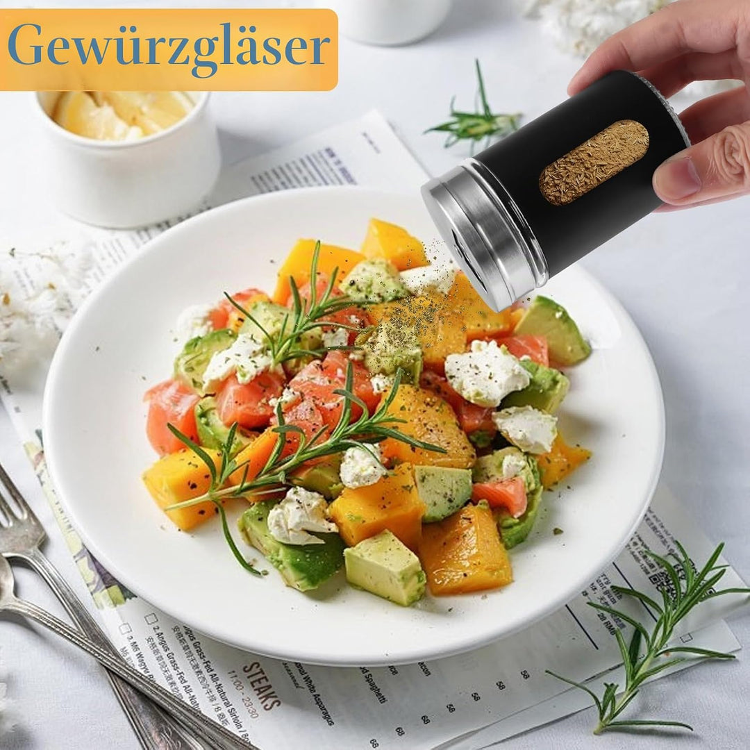 WOPPLXY 24 Stück Gewürzgläser, 100ml Gewürzdosen mit Streueinsatz, Sichtfenster und 3 Verschiedenen