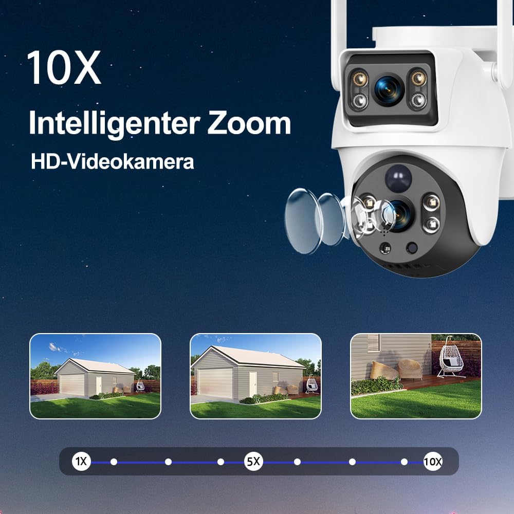XIAOVV 2K Solarbetriebene Aussenüberwachungskamera mit Zwei Objektiven,360° Panoramaüberblick, Schut