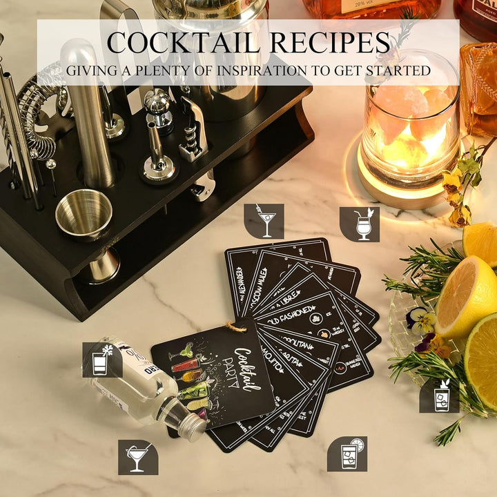 Cocktail Shaker Set mit Bambus Ständer & Rezeptbuch, Edelstahl 750ml Bar Cocktailset Cocktailshaker