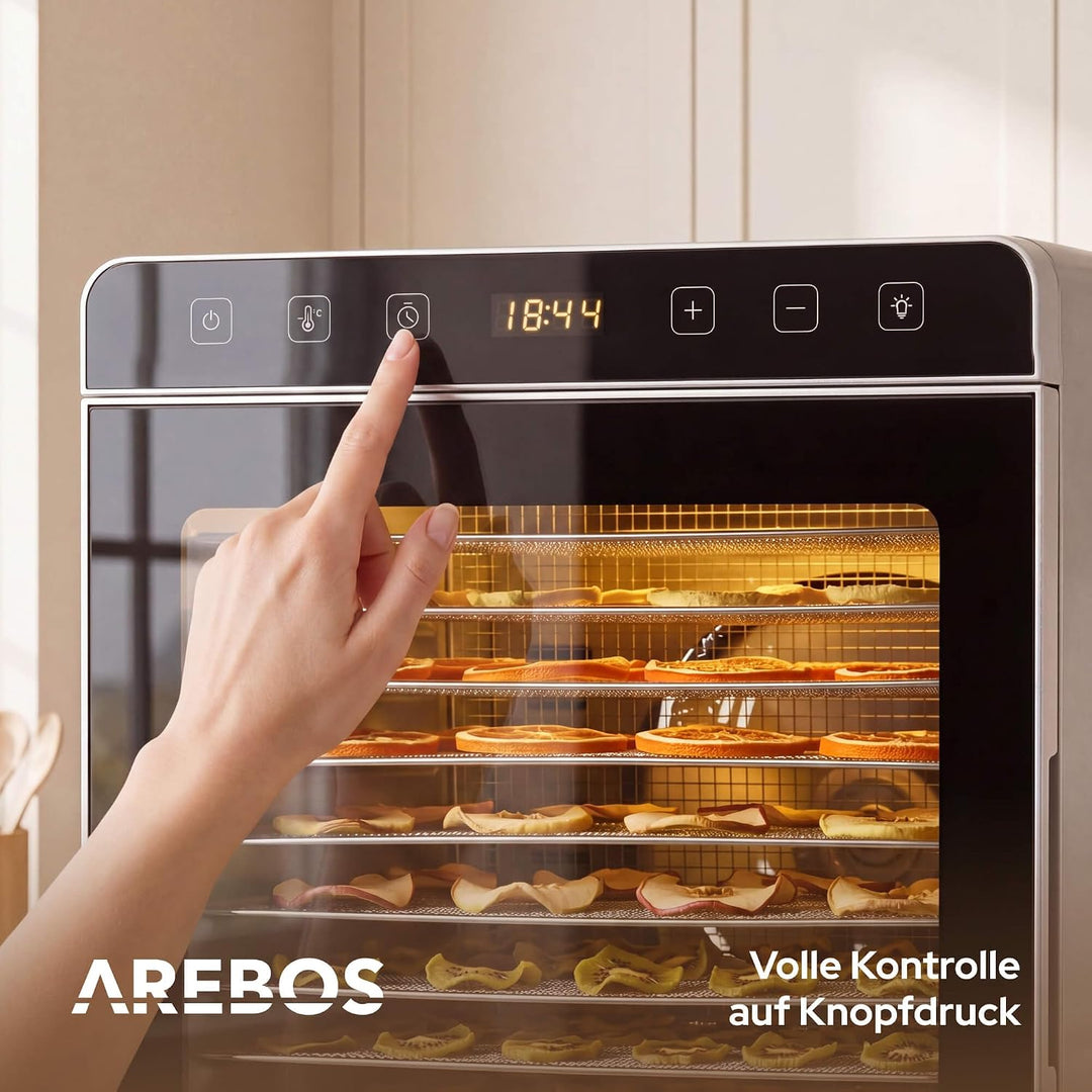 Arebos Dörrautomat Edelstahl 800W | Dehydrator mit 12 Gittern & 29L | Dörrgerät für Obst, Gemüse, Kr