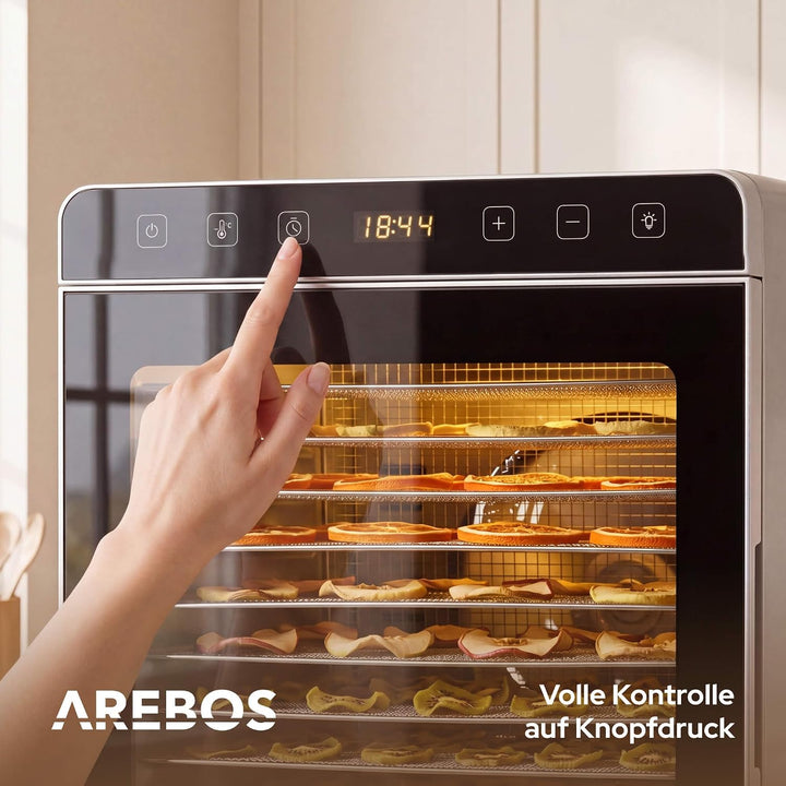 Arebos Dörrautomat Edelstahl 800W | Dehydrator mit 12 Gittern & 29L | Dörrgerät für Obst, Gemüse, Kr