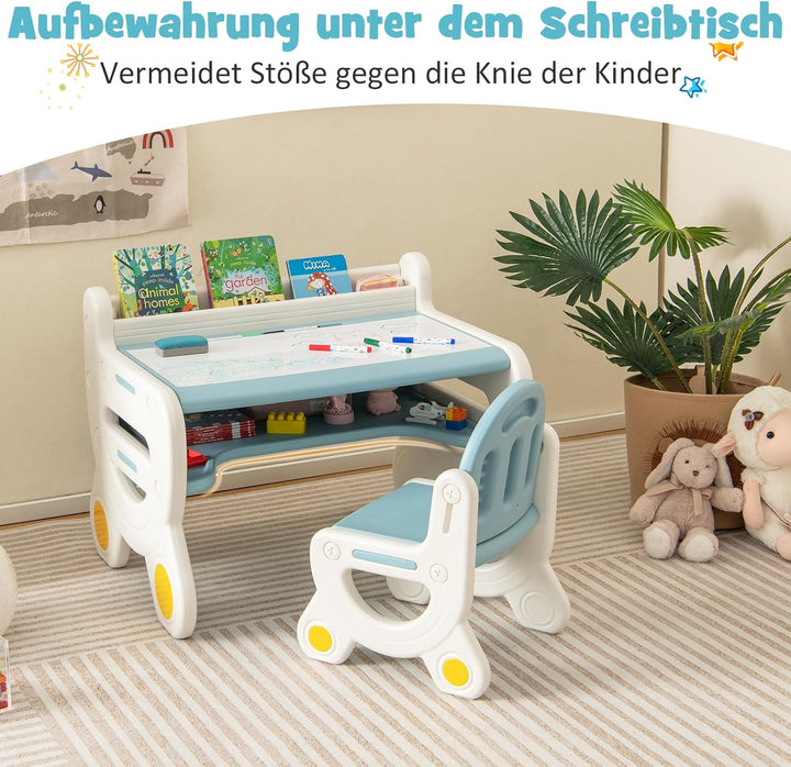 COSTWAY Kinder Sitzgruppe mit höhen- und neigungsverstellbarer Tischplatte, Kinder Tisch mit Hocker,