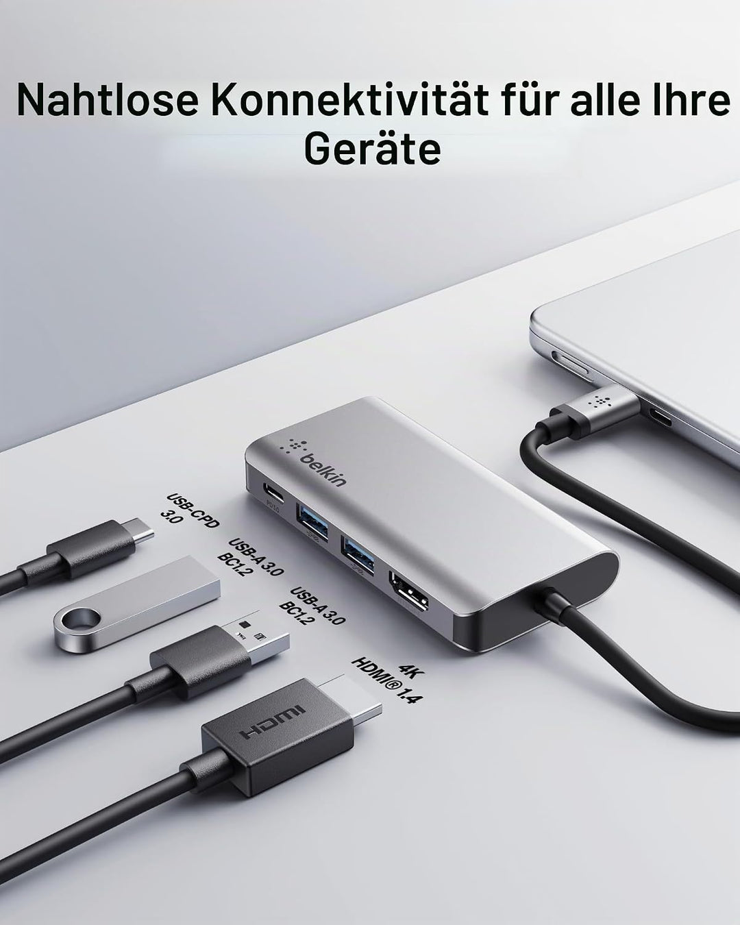 Belkin USB-C-4-in-1-MultiPort-Adapter (mit 4K-HDMI, USB-C, 100 W PD zum Laden per „Passthrough“, 2 U