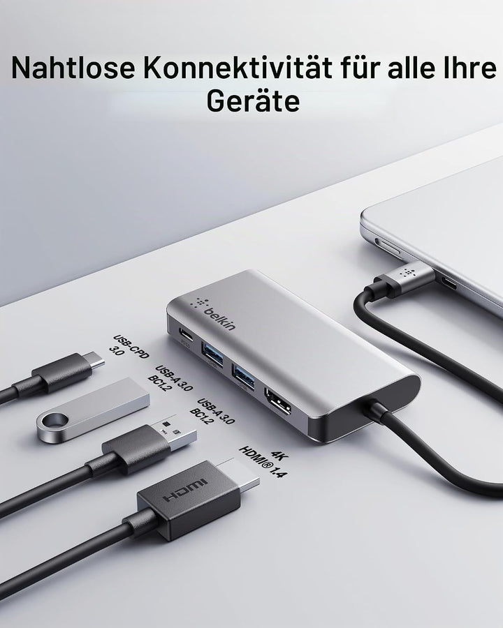 Belkin USB-C-4-in-1-MultiPort-Adapter (mit 4K-HDMI, USB-C, 100 W PD zum Laden per „Passthrough“, 2 U