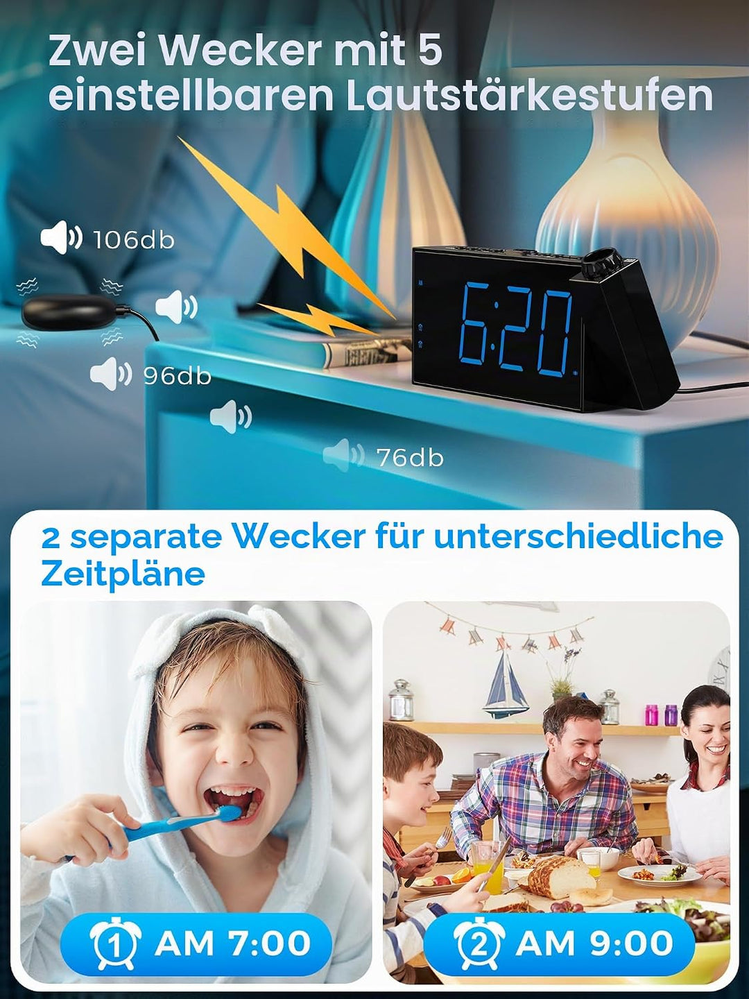 Mesqool Projektionswecker für Schlafzimmer, Lauter Vibrationswecker für Schwerschläfer, Hörgeschädig