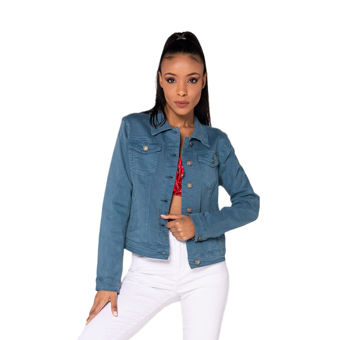 Nina Carter J212 Damen Slim-Fit Jeansjacke – Farbige Übergangsjacke mit Kent-Kragen und Taschen – Fr