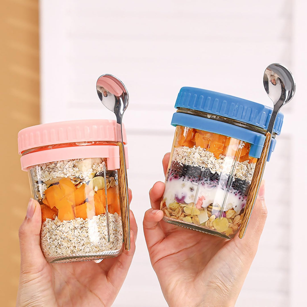 2er Set 400ml Overnight Oats Gläser, Glas Müslibecher to go mit Löffel und Deckel, Overnight Oats Be
