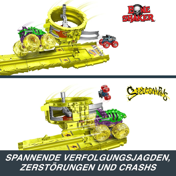 Hot Wheels Monster Trucks Trackset mit 2 Spielzeugtrucks: extragrosser Skelesaurus und 1 Bone Shaker