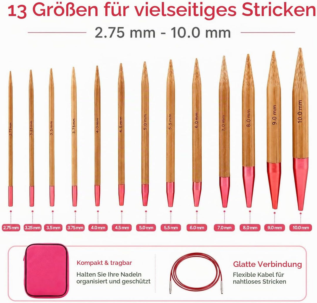 LetCart STRICKNADELN Set- Austauschbares Set aus kohlensäurehaltigen Bambusnadeln Ringset aus Alumin