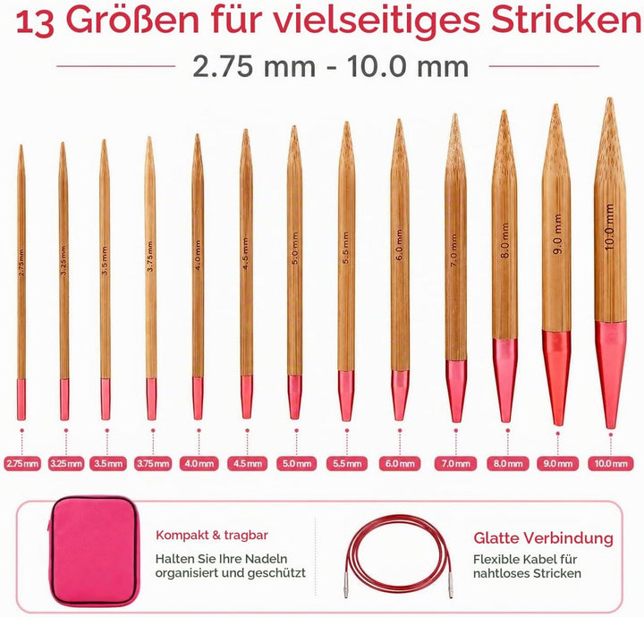 LetCart STRICKNADELN Set- Austauschbares Set aus kohlensäurehaltigen Bambusnadeln Ringset aus Alumin