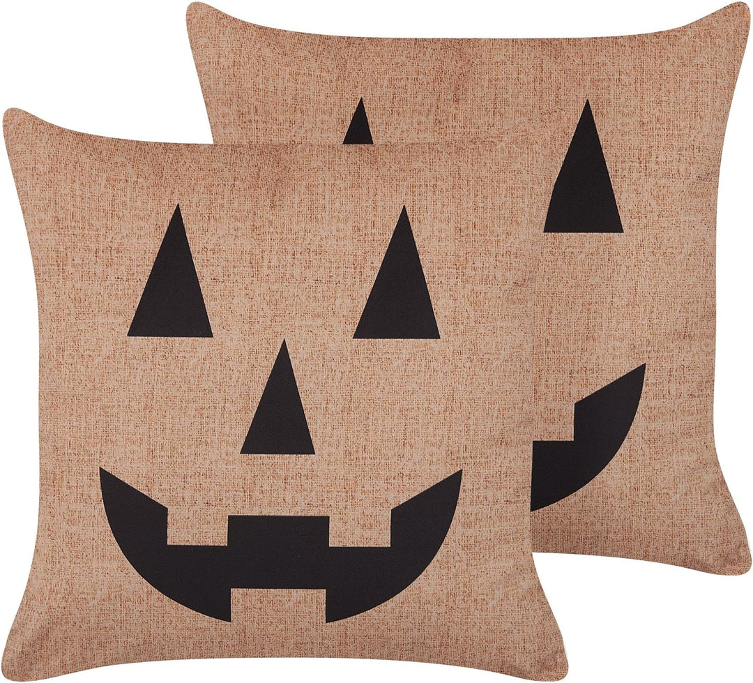 Dekokissen mit Füllung 2er Set Samt beige Halloween Kürbis-Motiv 45x45 cm Sebes