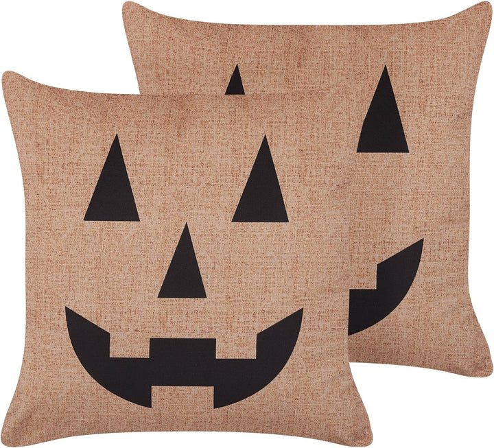 Dekokissen mit Füllung 2er Set Samt beige Halloween Kürbis-Motiv 45x45 cm Sebes