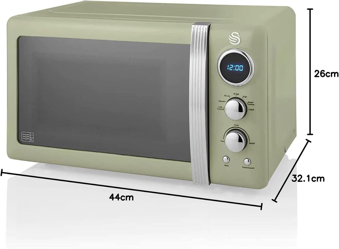 Swan Retro SM22030GNEU Digital Mikrowelle 20L, 5 Leistungsstufen, Auftaufunktion, 60 Minuten Timer,