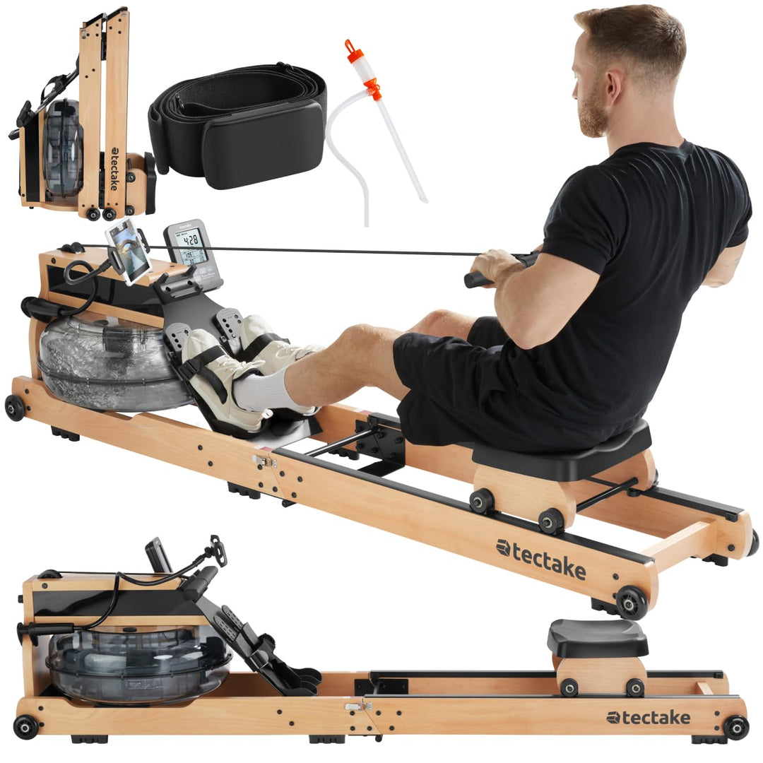 tectake® Wasser Rudergerät für Zuhause + Pulsgurt, Holzrudergerät Heimtrainer mit Wassertank, Wasser