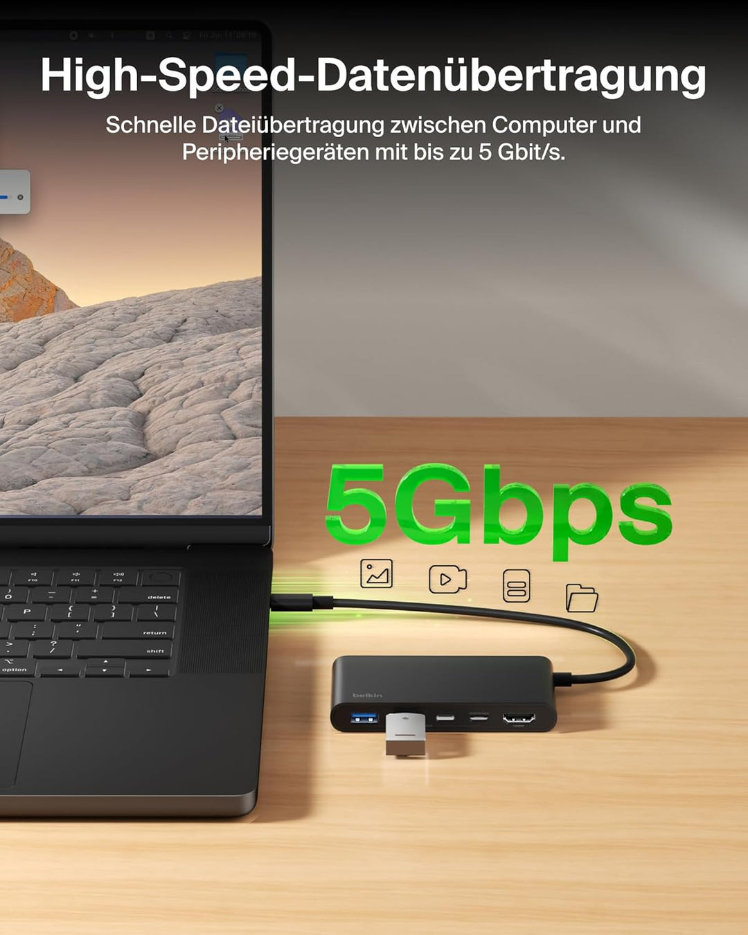 Belkin USB C Hub, 5-in-1 Docking Station, HDMI, 4K bei 60 Hz, 100 W Power Delivery, 5 Gbit/s Datentr