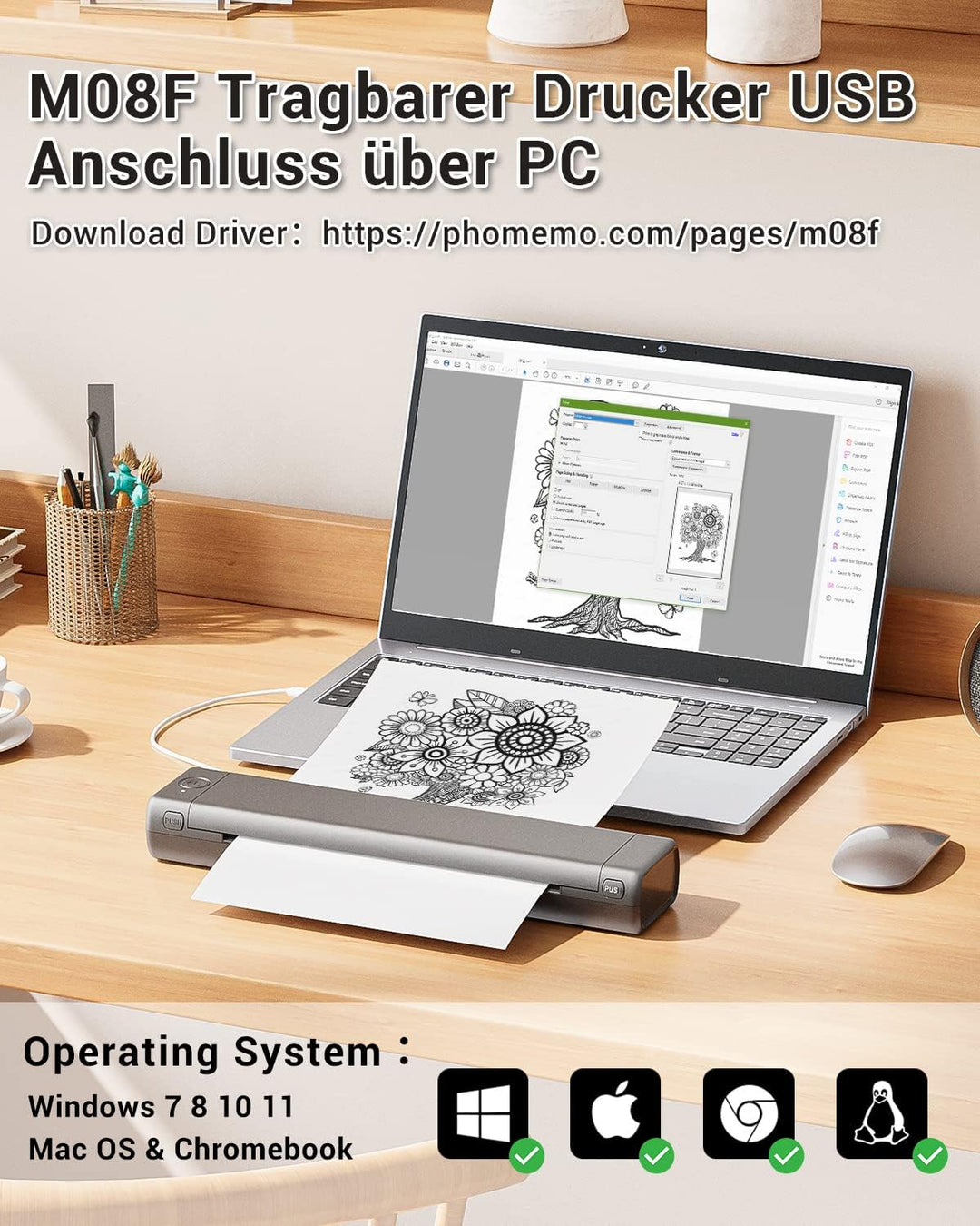 Phomemo Portable Drucker, M08F Bluetooth Mobile Tragbarer Drucker A4 unterstützen 210x297mm A4 Therm