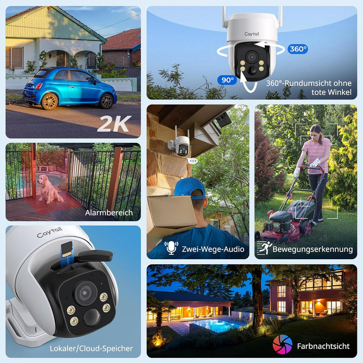 2K Überwachungskamera Aussen Akku Solar, 360° PTZ Überwachungskamera Outdoor Kabellos mit Solarpanel