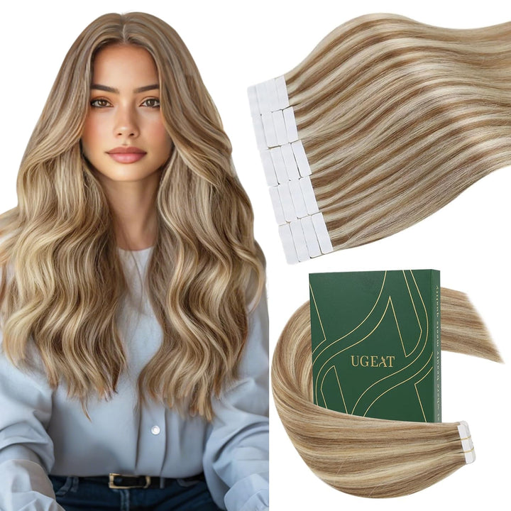 Ugeat Extensions Tape in Echthaar Highlight Tape in Extensions Echthaar Braun mit Bleichblond Extens