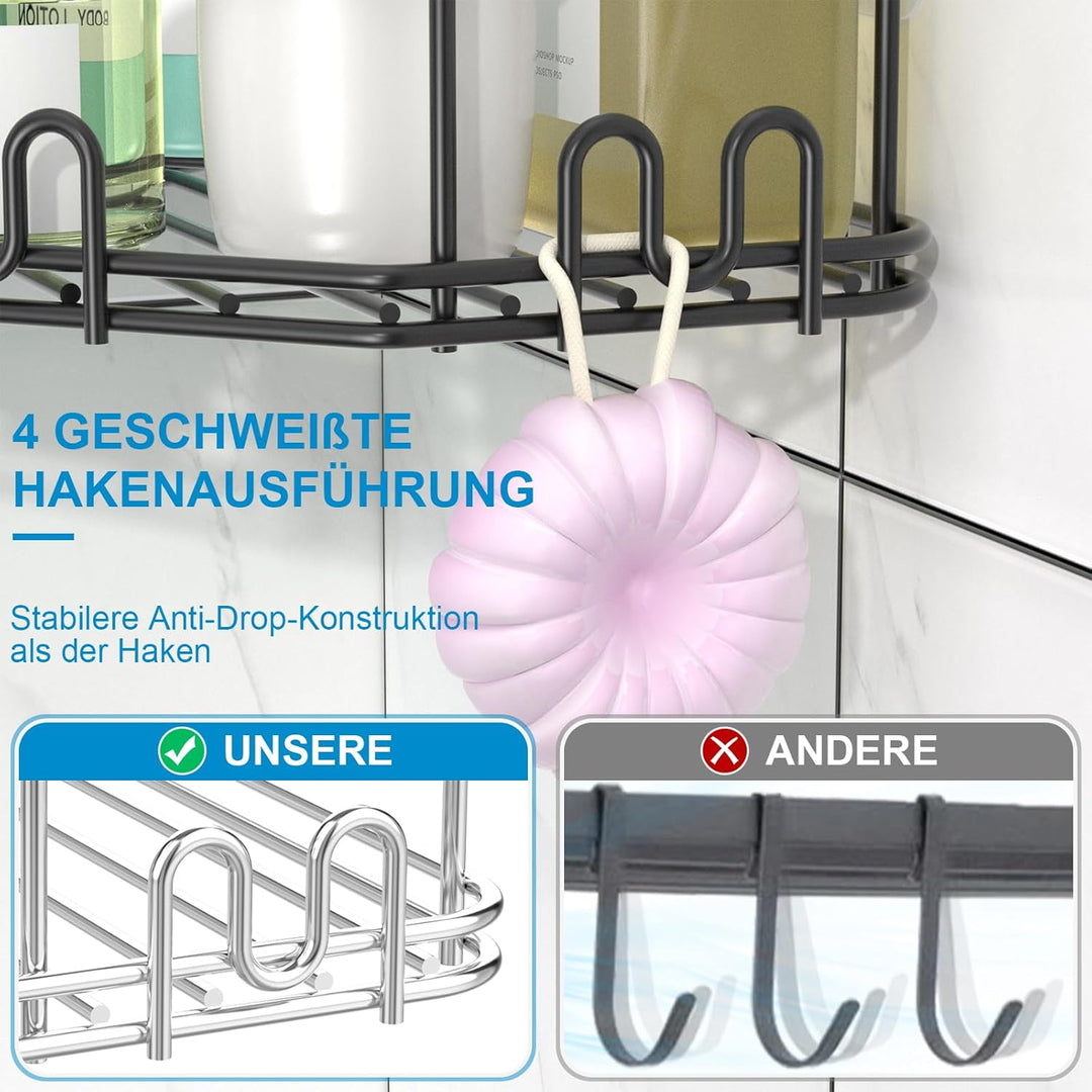 STEUGO Eck-Duschregal, Dusch-Organizer, Eck-Duschregal mit 12 Haken, 3er-Pack selbstklebende Duschre