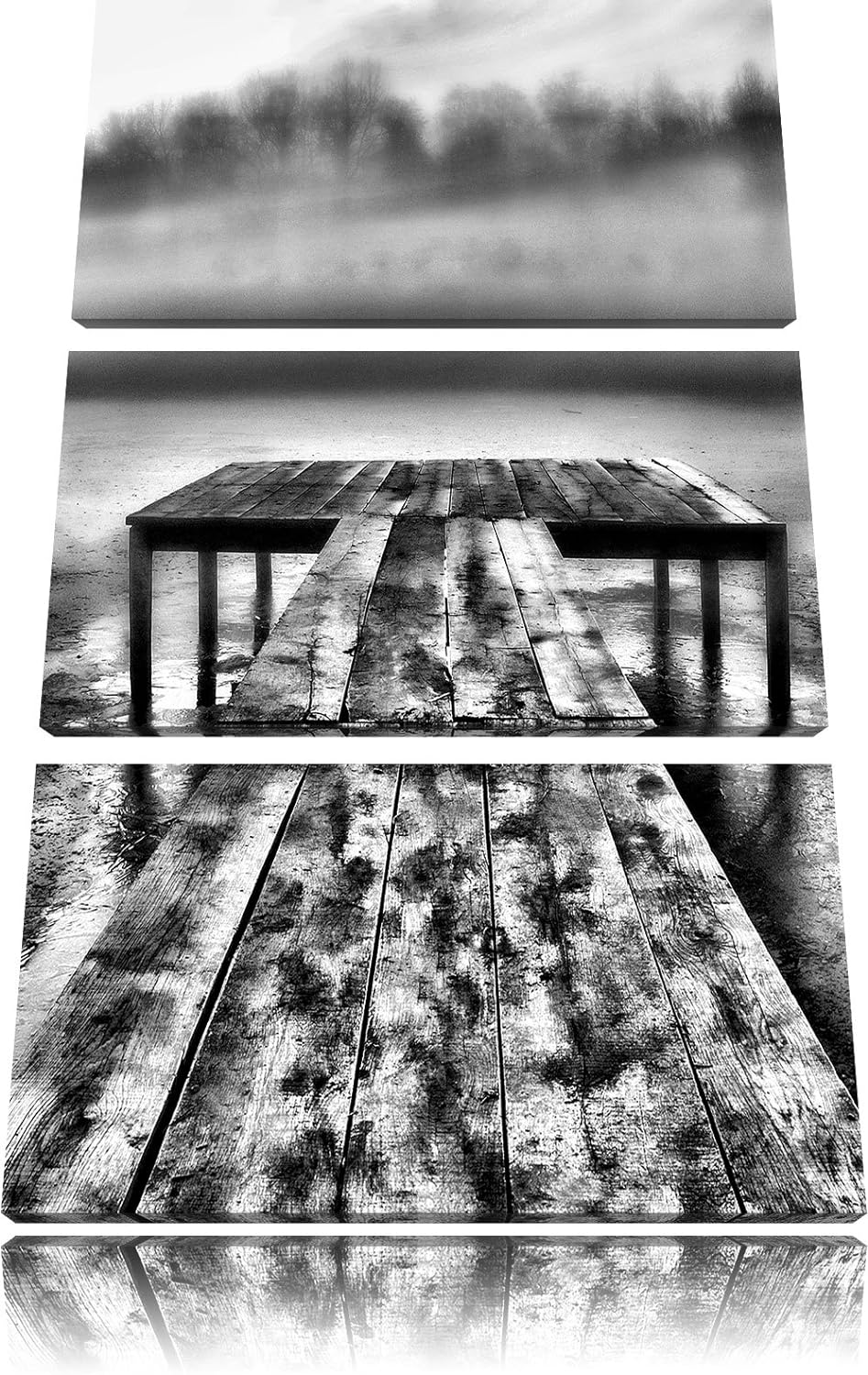 Pixxprint Steg am See Nebel als Leinwandbild/Grösse: 3 Teilig (120x80) cm/Wandbild/Kunstdruck/fertig