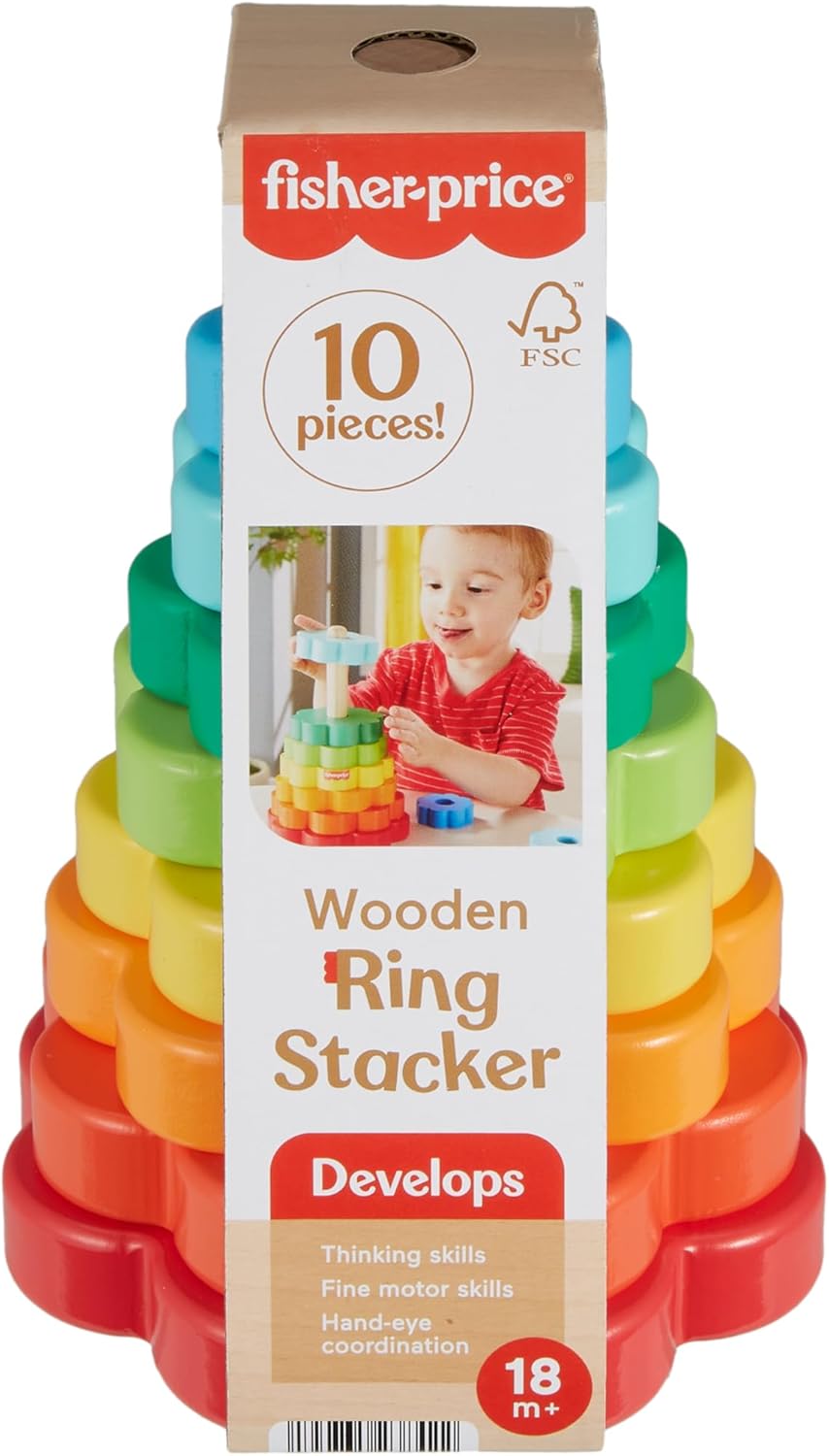 Fisher-Price Ring-Stapelspielzeug aus Holz für Kleinkinder, 10 Holzteile für Stapelspielspass für Ki
